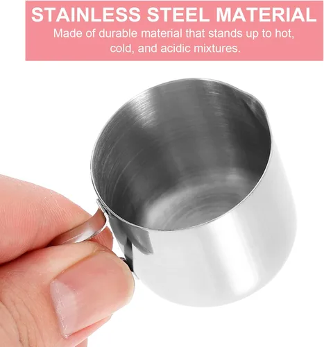 Vista 3 de Luxshiny Jarra de espuma de leche de acero inoxidable y taza de salsa, 1 oz, mini crema con boquilla y mango para café con leche, arte y cocina