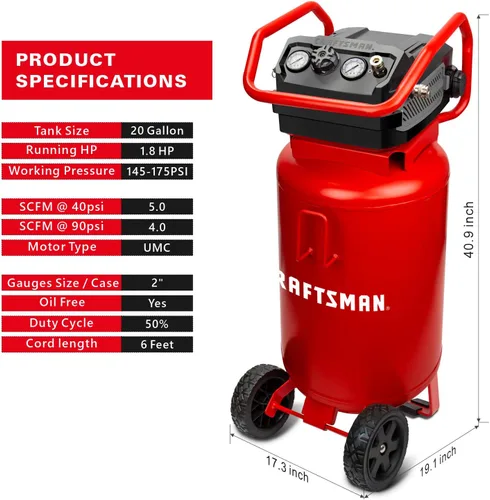 Vista 4 de CRAFTSMAN Compresor de aire, 20 galones, 1.8 HP, herramientas de aire sin aceite, rojo y MaxWorks 80720 carrete retráctil de rebobinado automático