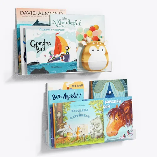 Vista 8 de Estantería flotante de acrílico para niños, invisible, de pare, para libros, estantería de almacenamiento con bordes frontales
