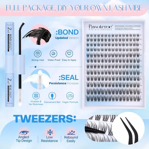 Vista 87 de Kit de extensión de pestañas Pawotence DIY 280 piezas, racimos de pestañas, kit de extensión de pestañas, 9-16mm, 30D, 40D, pestañas individuales