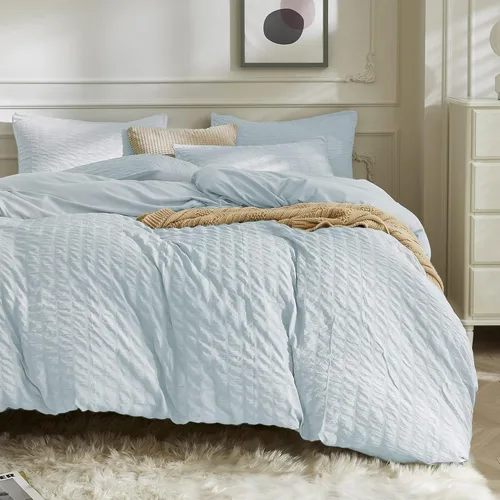 JELLYMONI Funda de Edredón Azul Bebé Tamaño Twin, Juego de Ropa de Cama de Microfibra Lavada de 3 Piezas, Juego de Funda de Edredón Seersucker Suave