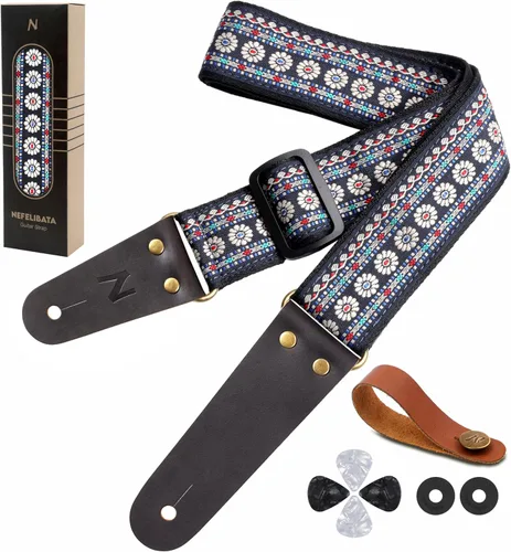 Vista 31 de Nefelibata Correa de guitarra, correas de guitarra de algodón bordadas con extremos de cuero de vaca para bajo, guitarras eléctricas y acústicas