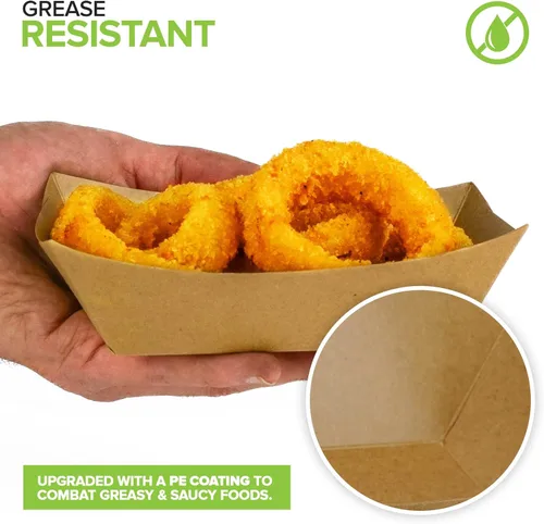 Vista 5 de Paquete de 250 bandejas desechables grandes de papel kraft marrón para alimentos, bandeja de concesión de 2 libras, botes para servir aperitivos