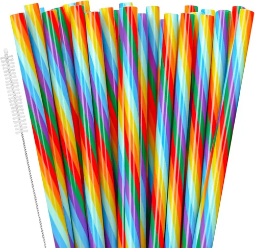 Vista 17 de JANYUN 30 piezas de pajitas de plástico reutilizables libres de BPA de 9" con impresión colorida, pajitas de plástico rígido con rayas para frasco