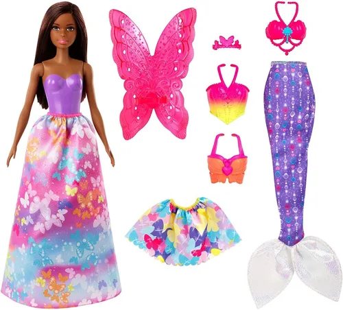 Vista 5 de Barbie Dreamtopia Dress Up Doll Set de regalo, aprox. 12 pulgadas, morena con 3 modas