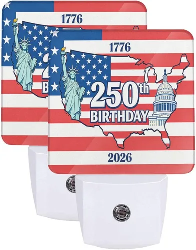 250 Years Birhtday of USA Night Light Set of 2, Patriotic Auto Sensor LED Dusk-to-Dawn Nightlights, Plug-in Sensor Lamp for Bedroom Bathroom Kitchen