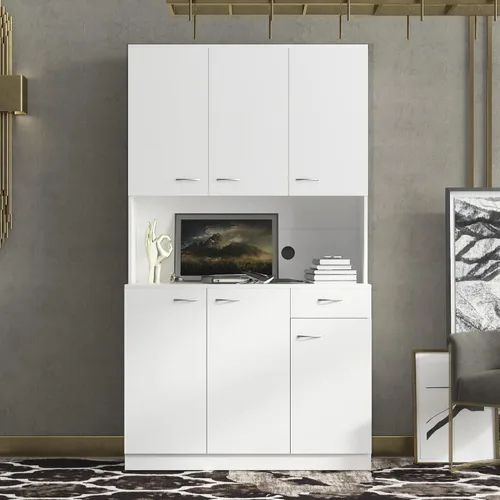 Vista 6 de 6-Door Tall Wardrobe & Kitchen Cabinet with Open Shelf and Drawer, White Design for Bedroom Use