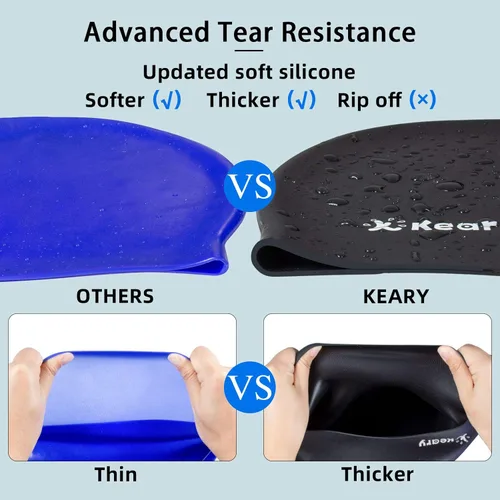 Vista 6 de Keary 2 Pack Gorro de natación actualizado de silicona para cabello largo para mujeres y niñas, impermeable, gorro de baño para piscina, gorro