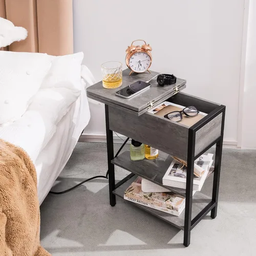 Vista 15 de Yoobure Mesa auxiliar con estación de carga, mesa auxiliar abatible con puertos USB y tomacorrientes, mesa de noche para sala de estar, dormitorio