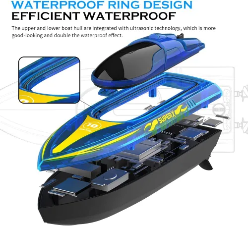 Vista 7 de Akargol Bote RC con LED - Barco de control remoto para piscinas y lagos 2.4 GHz, barcos RC con 2 baterías recargables, cuerpo completamente