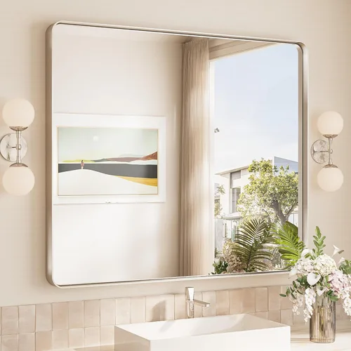 Vista 22 de TokeShimi Espejo de pared de baño de níquel cepillado de 20 x 30 pulgadas, marco de metal, esquina redonda, rectangular, para decoración del hogar