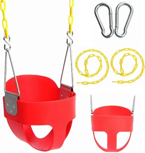 Asiento de columpio para niño con respaldo alto y respaldo alto | Cadenas de columpio revestidas totalmente montadas | Juego de columpio rojo