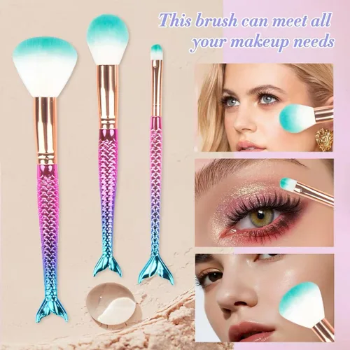 Vista 4 de Juego de 6 brochas de maquillaje de sirena, juego de brochas de maquillaje para niñas, herramientas de maquillaje de belleza, corrector de belleza