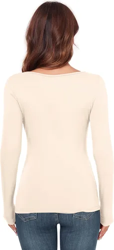 Vista 5 de AUHEGN Camiseta térmica de manga larga con cuello redondo para mujer, ajustada, camiseta térmica