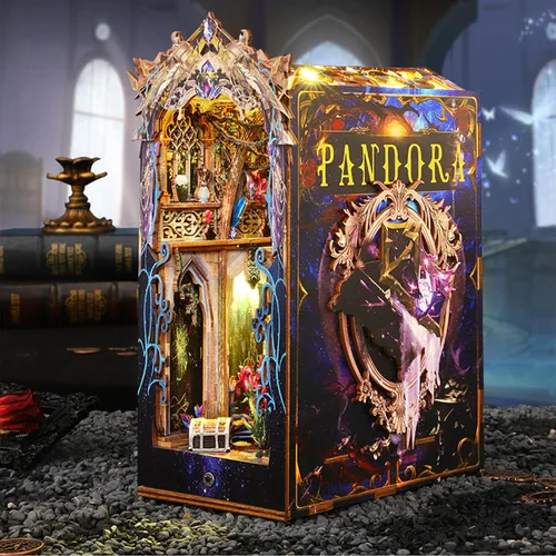 Vista 7 de ISSEVE Kit de rincón de libros, rompecabezas de madera 3D, kit de casa en miniatura para decoración de estante de rincón de libros, soporte mágico