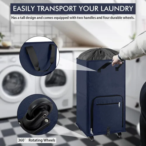 Vista 2 de Bukere Cesta de lavandería grande con ruedas, 4 ruedas y 2 asas, bolsa de lavandería con ruedas plegable independiente para ropa, apartamento