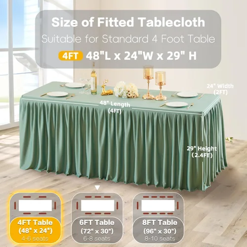 Vista 104 de Manteles de poliéster negro para mesas rectangulares de 4 pies, cubierta de mesa ajustada sin arrugas con falda de mesa plisada con volantes