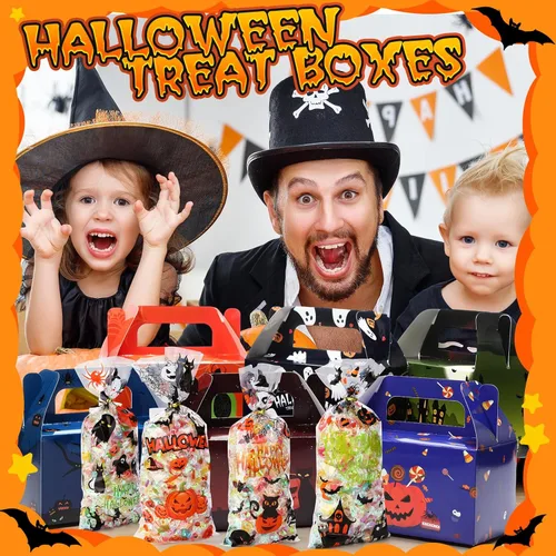 Vista 4 de ReliThick Paquete de 80 cajas de golosinas de Halloween con bolsas de celofán, cajas de dulces de galletas para golosinas de fantasma, bolsa