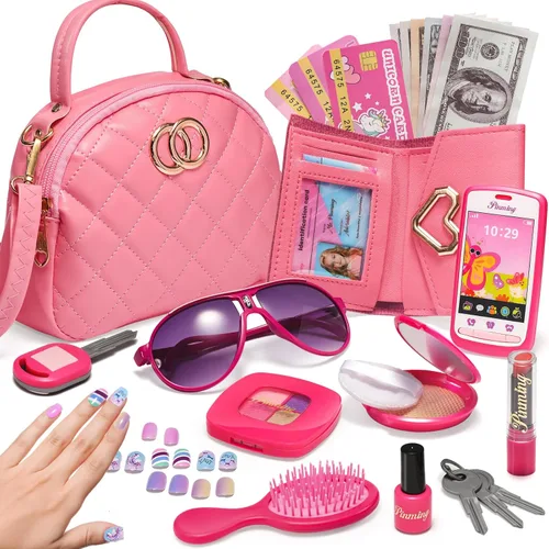 Bolso de niñas pequeñas, juego de maquillaje de simulación para niños de 3-5 y 4-6 años, bolsos para niños con accesorios, bolso de mano rosa, kit