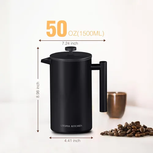 Vista 7 de Utopia Kitchen Cafetera de prensa francesa de acero inoxidable de 50 onzas, cafetera de prensa francesa, prensas de café portátiles de viaje