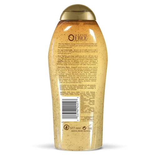 Vista 5 de OGX Exfoliante corporal Smoothing + Coconut Coffee con café arábica y aceite de coco, gel de baño hidratante para piel seca, sin parabenos