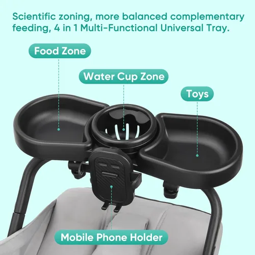 Vista 2 de Bandeja universal para refrigerios para cochecito, 4 en 1 con soporte para teléfono con tazas para cochecito de bebé, rotación de 360°, bandeja