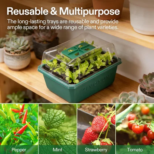 Vista 5 de VIVOSUN Paquete de 12 bandejas de inicio de semillas, kit de inicio de semillas de 144 celdas con cúpula de humedad, bandejas planas reutilizables