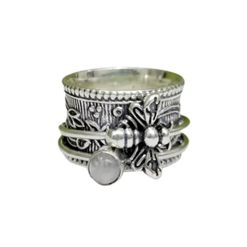 Natural Moonstone Ring, Honey Bee, Spinner Ring, 925 Silver Ring, Handmade Ring, Meditation Ring, Fidget Ring, Women Ring, Boho Ring, Gift For Her,