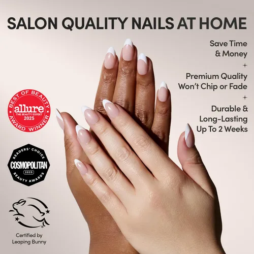 Vista 2 de Glamnetic - MaDamn Uñas postizas con punta francesa, cortas y puntiagudas en forma de almendra con acabado UV, uñas semitransparentes de calidad