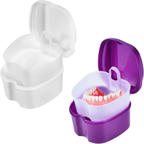 Vista 24 de KISEER Caja de baño de dentadura negra con soporte para tazas, contenedor de remojo con cesta coladora para limpieza de viajes