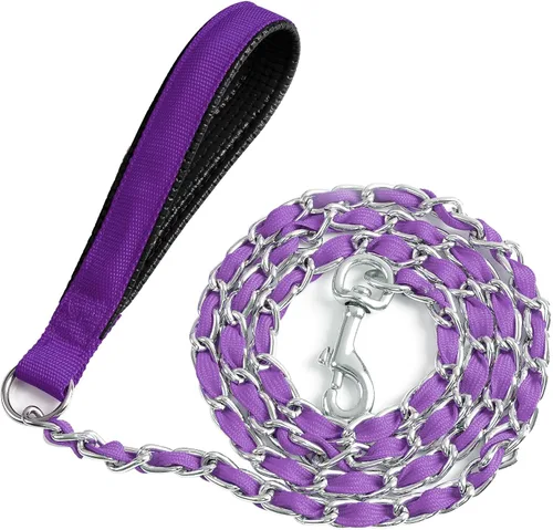 Vista 10 de Correa de cadena para perro a prueba de mordidas, cadena de metal y cuerda de nailon para perros con mango acolchado, correas resistentes