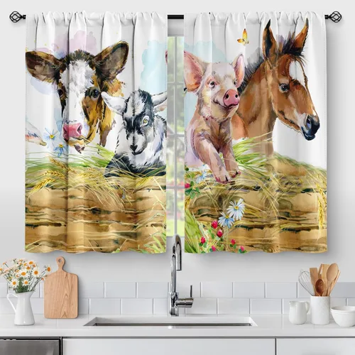 Vista 9 de Aimego - Cortinas de cocina con plantas rústicas y flores de primavera, botánicas, con hojas verdes, cortas, para cafetería, baño, con bolsillo