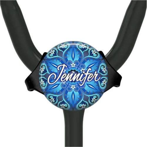 Vista 6 de Blue Kaleidoscope Flower Badge Reel - Retractable Id Holder Personalized Nurse Gift - You Choose Custom Fonts, Design Size and Decorative Frame
