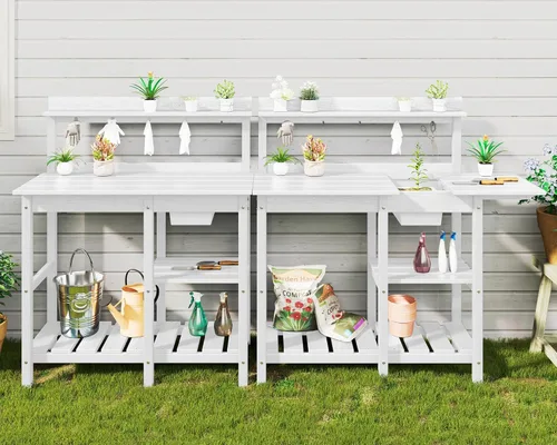 Vista 17 de SERWALL Banco para macetas al aire libre con fregadero extraíble, mesa para macetas de polietileno de alta densidad resistente a la putrefacción