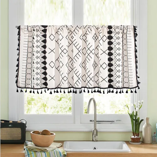 Vista 20 de Cortinas de lino con borlas bohemias para ventana, semiopacas, panel geométrico bohemio para sala de estar, cocina, cafetería, comedor, cenefas