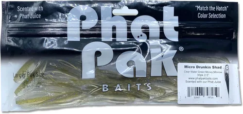 Vista 9 de Phat Pak Baits - Micro Drunkin Shad Tiny Fluke Style LiveScope FFS Soft Jerkbait 2.5" 30ct Soft Plastic BFS Bass Fishing Lure