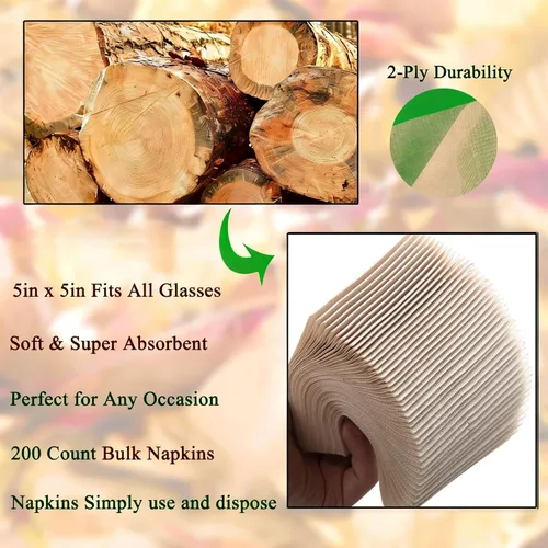 Vista 3 de 200 servilletas de cóctel, servilletas desechables de postre de 2 capas, servilletas de papel marrón plegadas de 5 x 5 pulgadas para fiestas, bodas