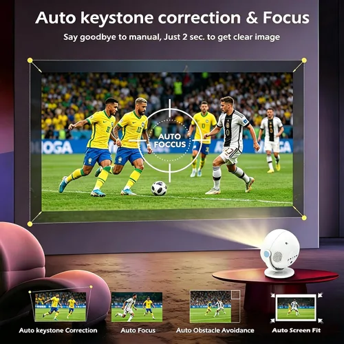 Vista 3 de Mini proyector 1080P, soporte 4K con WiFi6 y BT5.2, aplicaciones integradas Full HD proyector, enfoque automático y Keystone compatible con móvil