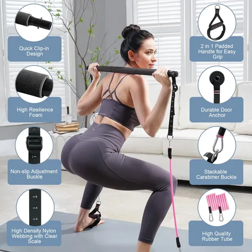 Vista 3 de Kit de Barra de Pilates Kisnbld con Bandas de Resistencia, Barra de Pilates Multifuncional con 3 Bandas de Resistencia para Ejercicios, Equipo