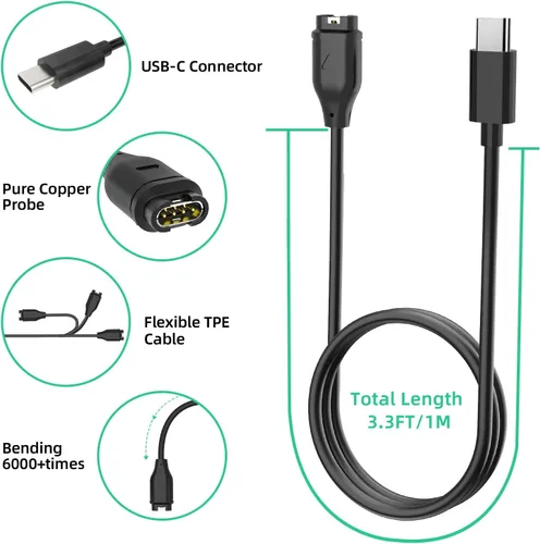 Vista 4 de Cargador USB C compatible con el cargador de reloj Garmin, cable de carga de sincronización de datos para Garmin Fenix 7 7S 7X 6 6S 6S 6X 5 5S 5X