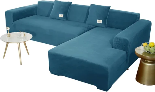 Vista 16 de Fundas de sofá seccionales, funda elástica de terciopelo en forma de L, funda de sofá suave antideslizante para sofá de esquina, beige, 2 plazas + 2