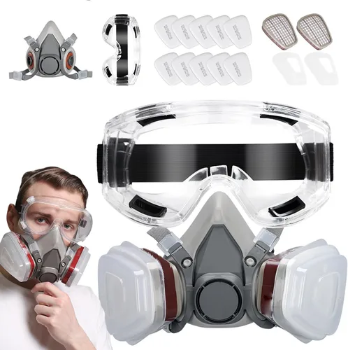 Máscara respiradora integrada a prueba de polvo con filtros y gafas, máscara de seguridad reutilizable para cara completa
