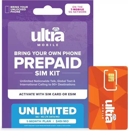 $49/mes. Plan telefónico prepago Ultra Mobile con llamadas, mensajes de texto y datos ilimitados durante 1 mes (kit de tarjeta SIM 3 en 1)