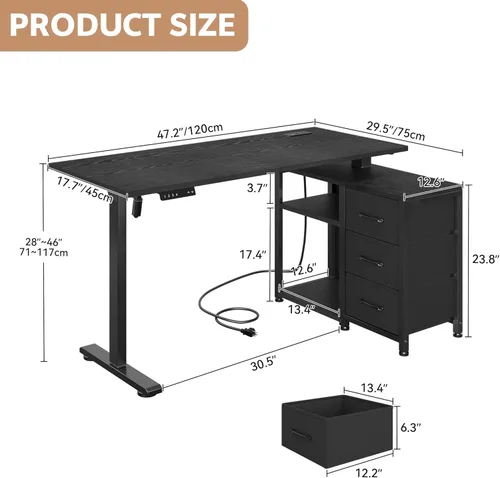 Vista 2 de Escritorio de pie en forma de L de 47 pulgadas con 3 cajones, escritorio eléctrico de pie con almacenamiento para computadora, altura ajustable