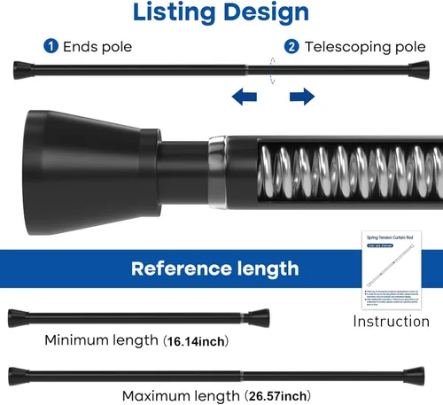 Vista 2 de Barra de tensión negra de 16 a 26 pulgadas, barras de cortina de resorte, sin perforación, barras pequeñas de tensión ajustable, barra de cortina