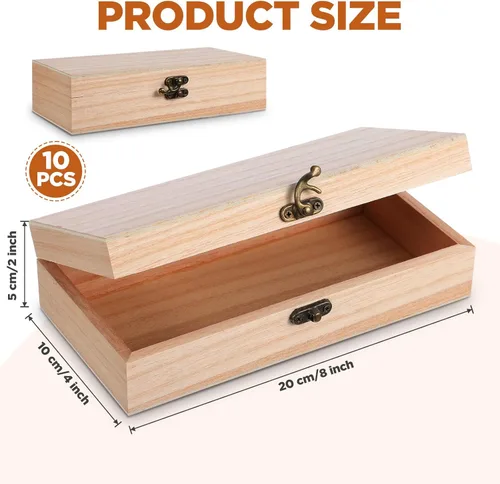 Vista 2 de Paquete de 10 cajas de madera con tapa con bisagras, caja de madera sin terminar para manualidades, cajas grandes de madera sin pintar