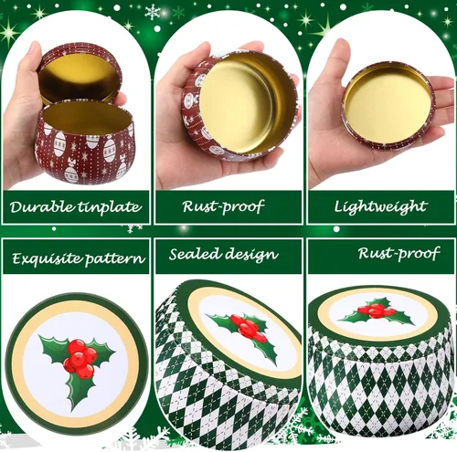 Vista 6 de Uiifan 48 latas de velas de Navidad, latas de galletas, velas de metal, tarros de lata de regalo con tapas, latas retro de 8 onzas, recipientes