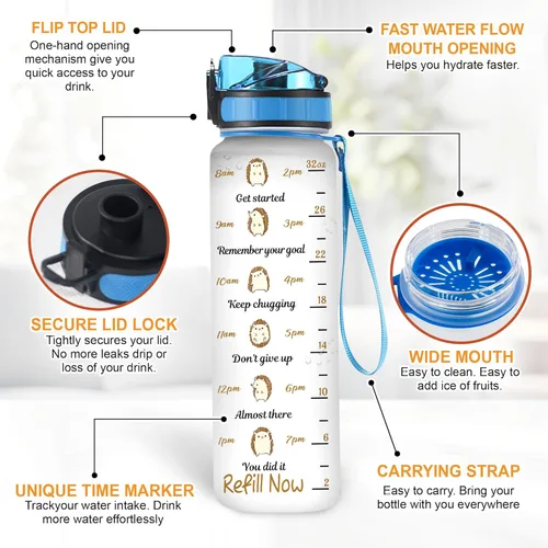 Vista 32 de Hyturtle Botella de agua motivacional personalizada para amantes de los erizos de 32 onzas, 1 litro, fácil de distraer con erizos, botella de agua