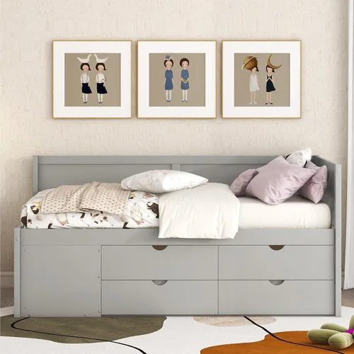 Vista 57 de Quarte Elegante cama de plataforma con estanterías en forma de L, cama de plataforma de madera tamaño individual con 2 cajones de almacenamiento