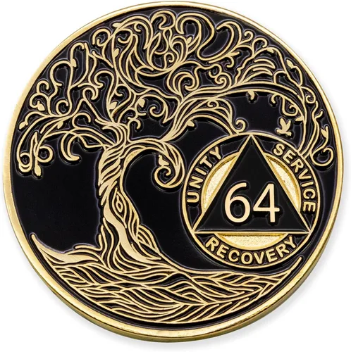 Vista 177 de 1 año Sobriety Mint Twisted Tree of Life Medallón de recuperación AA chapado en oro, chip/ficha - negro